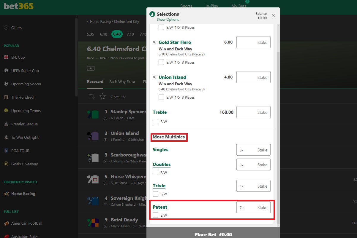 a bet365 bet slip with 3 horse selections and the patent bet option highlighted